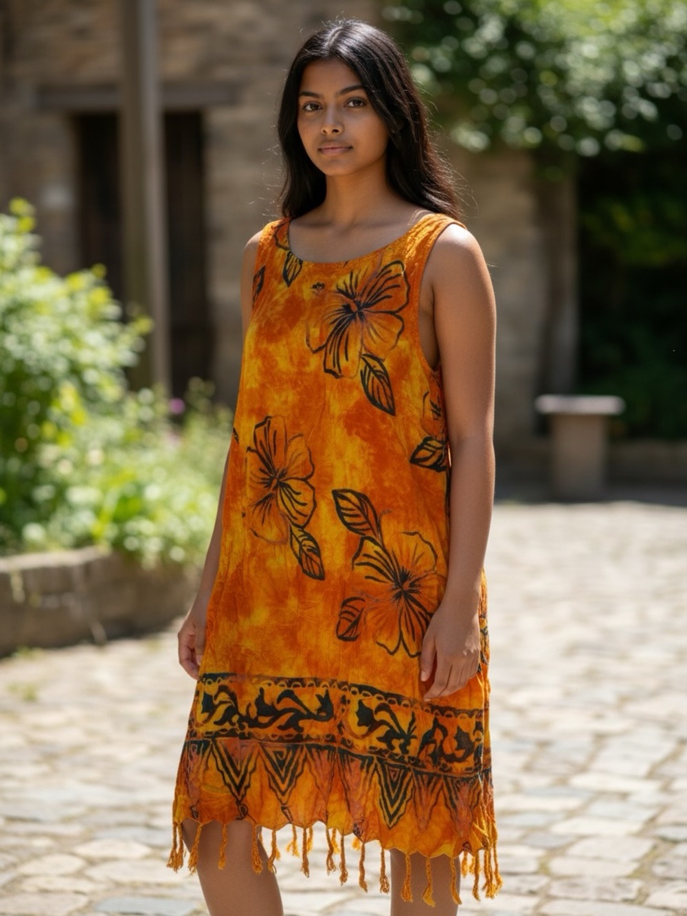 Sleeveless Orange Floral Mini Dress with Tassel Hem